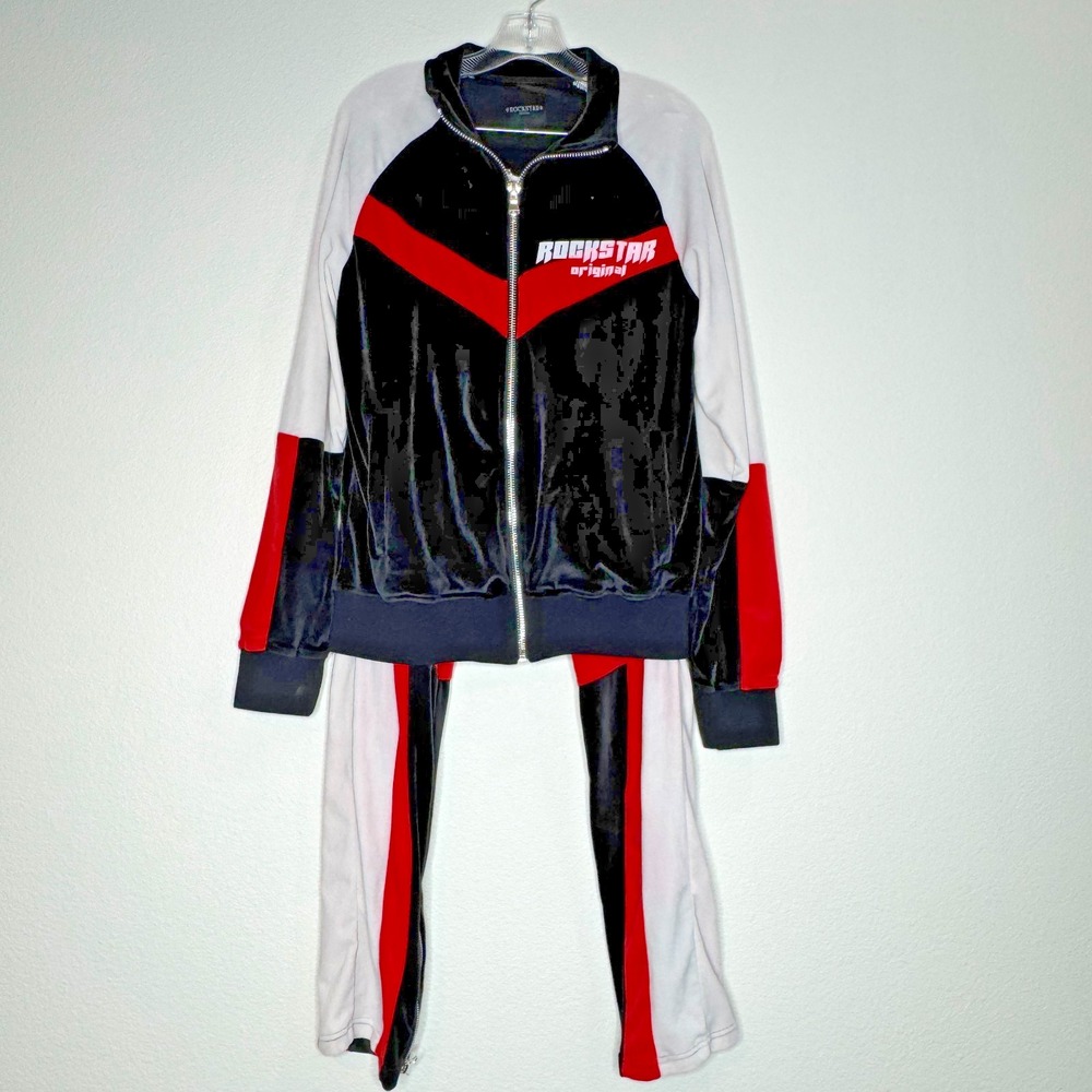 ROCKSTAR ORIGINAL Mens Velour Darren Tracksuit MED‎ Black Red Leisure Athleisure